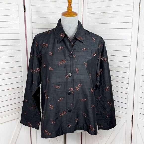 Chicos Embroidered Dupioni Slub Silk Shacket Jacket Black Brown Medium - Picture 1 of 11